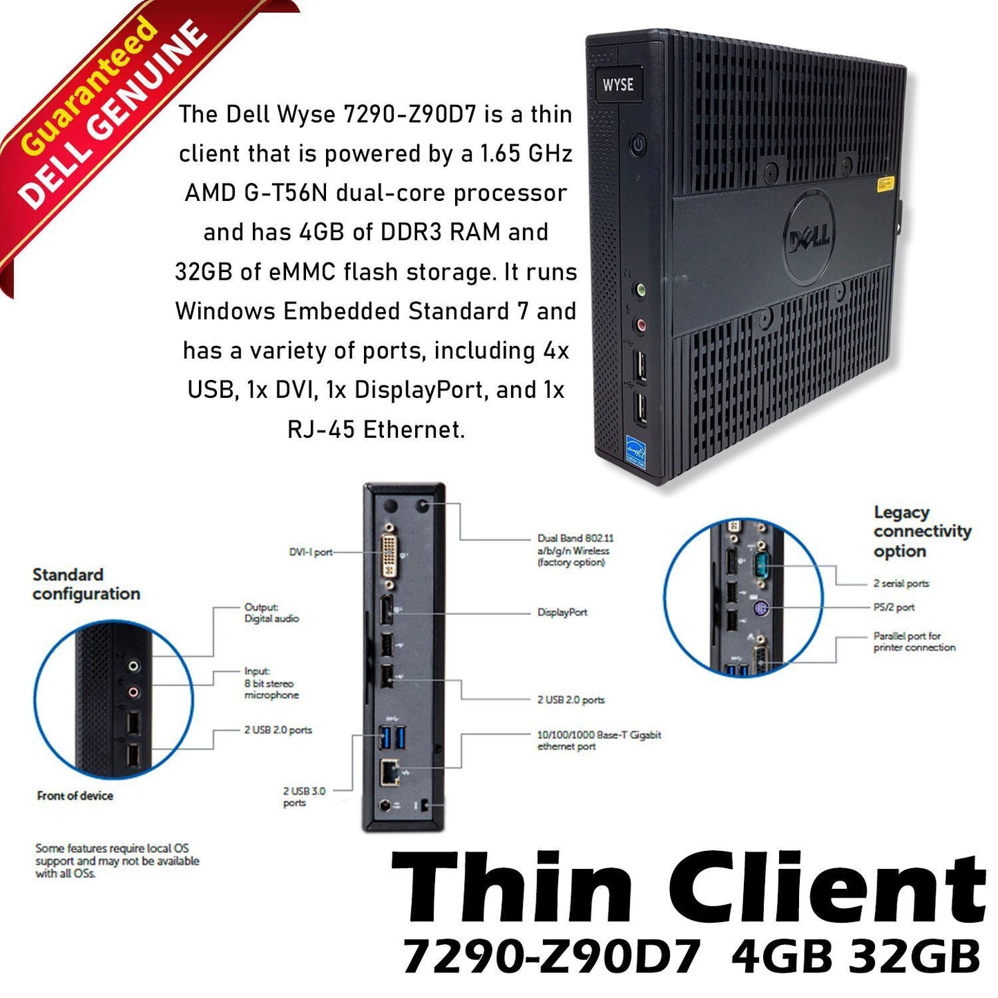 Dell Wyse 7290 Z90D7 Thin Client AMD G-T56N 1.65GHz 4GB RAM 32GB SSD WES7 RJ45