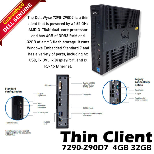 Dell Wyse 7290 Z90D7 Thin Client AMD G-T56N 1.65GHz 4GB RAM 32GB SSD WES7 RJ45