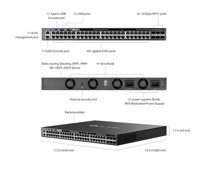 TP-Link SG6654X | Omada 48-Port Gigabit Stackable L3 Managed Switch | 6* 10G SFP