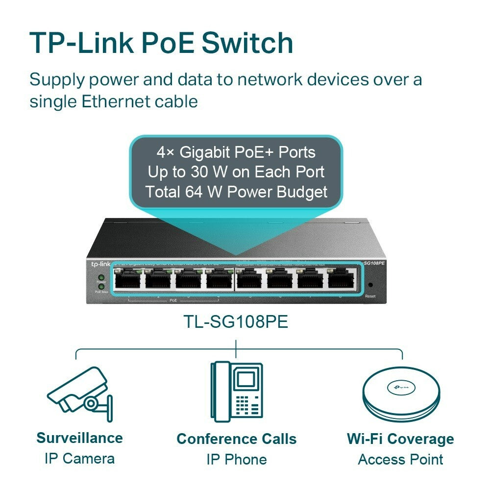 TP-Link TL-SG108PE | 8-Port 1000Mbps Gigabit Ethernet Easy Smart Switch | 4 PoE