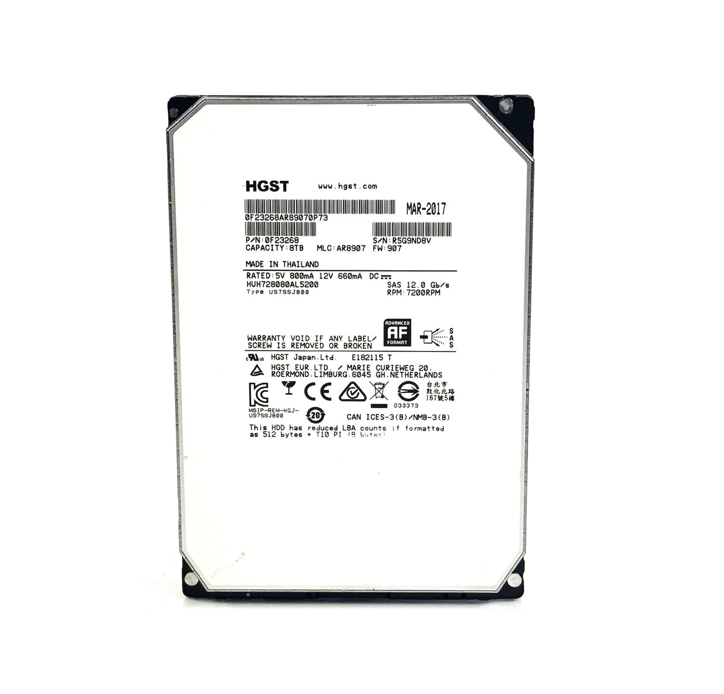 Hitachi Ultrastar He8 3.5" 8TB 7200 128MB 12Gbps SAS Hard Drive HUH728080AL5200 (NOT FOR HOME PC)