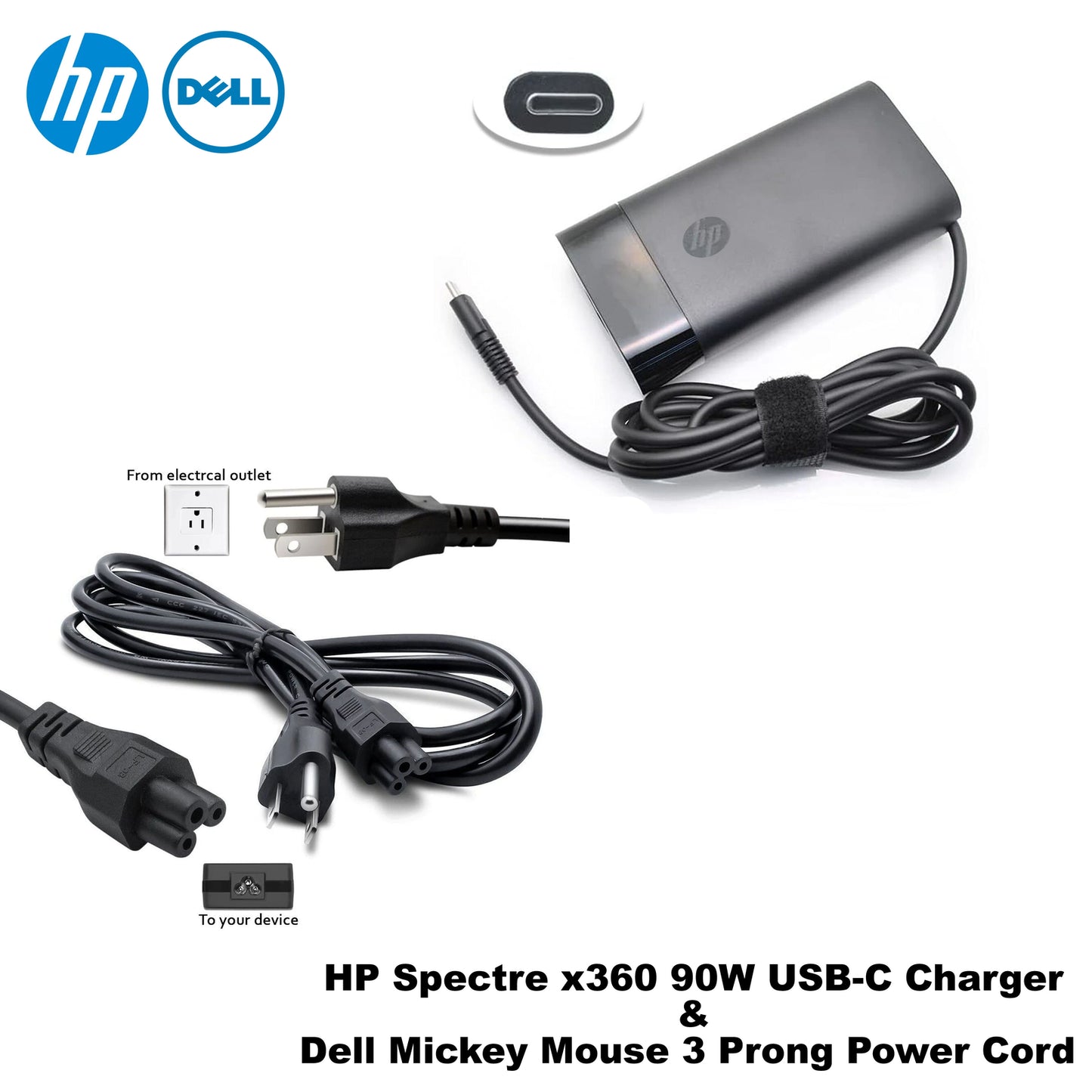 HP Spectre x360 90W USB-C Charger & Dell Mickey Mouse 3-Prong Power Cord Combo