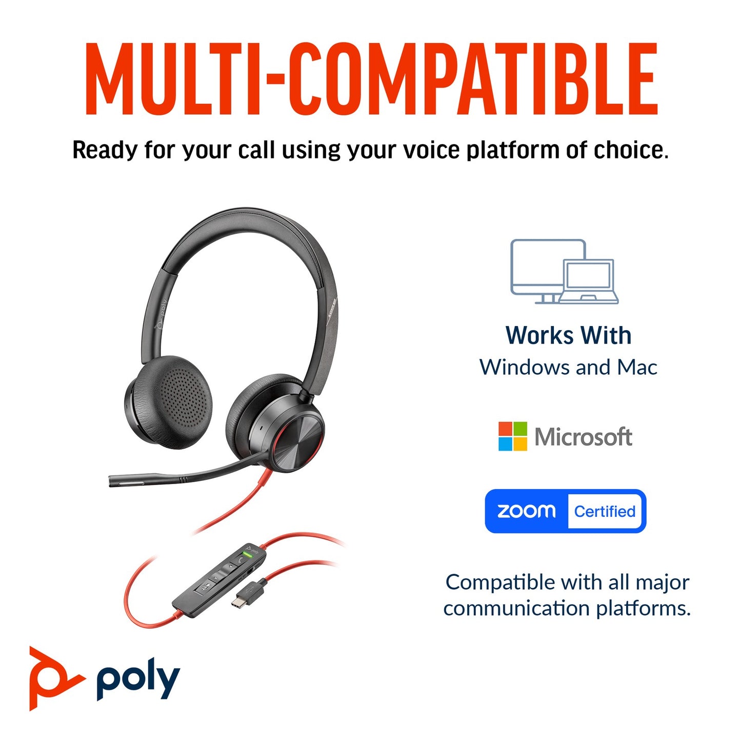Poly Blackwire 8225 Stereo Microsoft Teams Certified USB-C Headset +USB-C/A