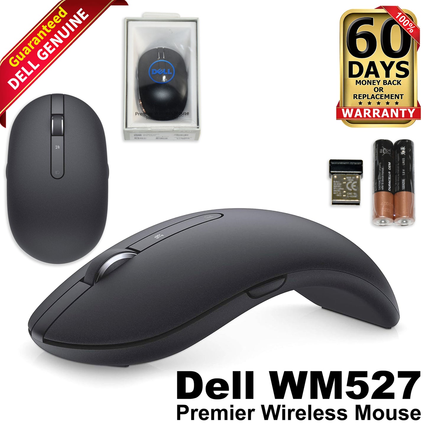 Dell WM527 Premier Wireless Mouse Bluetooth 4.0 + USB Dongle 1600DPI Black X9F7T