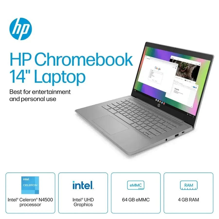New HP Chromebook 14" HD Quad-Core Celeron N4500 4GB 64GB eMMC Webcam Chrome OS