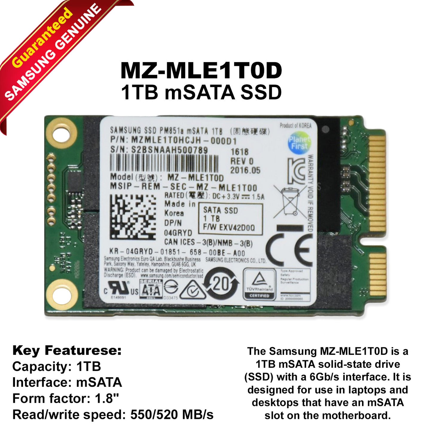 Samsung MZ-MLE1T0D 1TB 6Gb/S MSATA Mini PCI-E Solid State Drive SSD 4GRYD