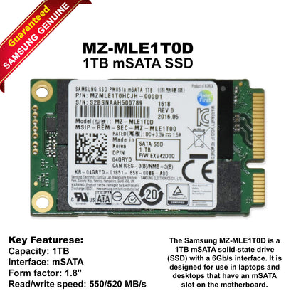 Samsung MZ-MLE1T0D 1TB 6Gb/S MSATA Mini PCI-E Solid State Drive SSD 4GRYD