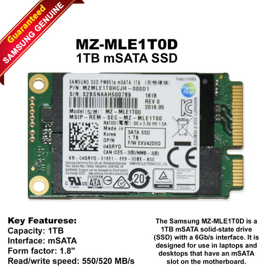 Samsung MZ-MLE1T0D 1TB 6Gb/S MSATA Mini PCI-E Solid State Drive SSD 4GRYD