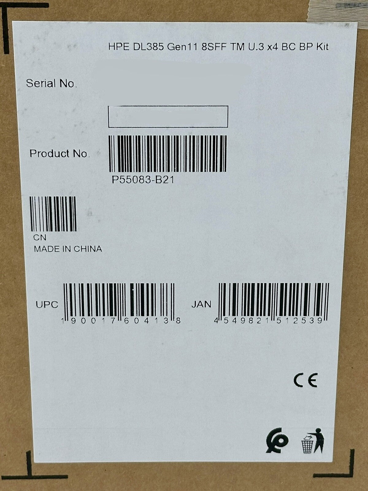 HPE ProLiant DL345 DL385 Gen11 8SFF Tri-Mode U.3 x4 BC Backplane Kit P55083-B21