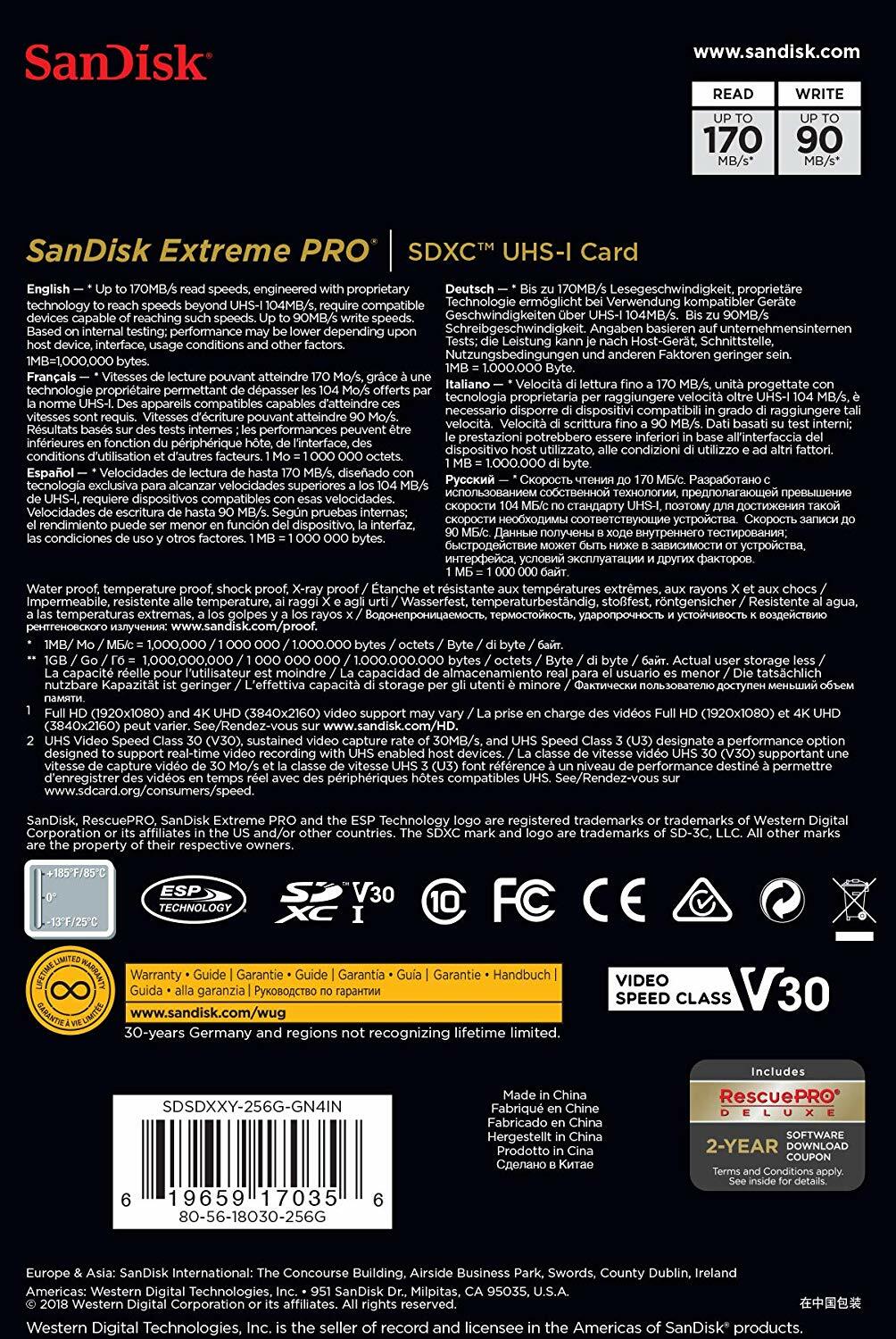 SanDisk 256GB Extreme PRO SD SDXC Memory Card 170MB/s Class 10 UHS-1 U3 4K 256G