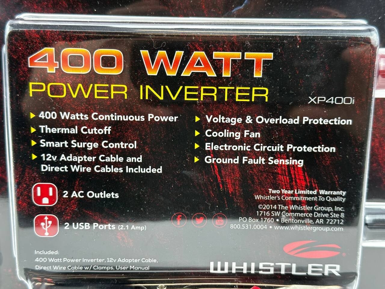 Whistler XP400i 400 Watt Power Inverter 2 USB Ports 2 AC Outlets 12V DC to AC