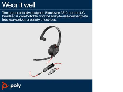 Poly Blackwire 5210 Monaural USB-C Headset +3.5mm Plug +USB-C/A Adapter