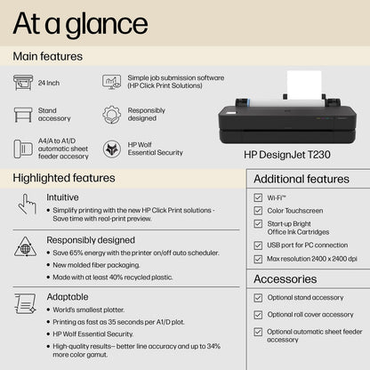 HP DesignJet T230 24-in Printer 2025 Edition with 2YR Warranty, 5HB07T#B1K