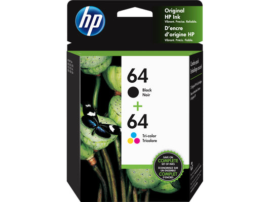 HP 64 2-pack Black/Tri-color Original Ink Cartridges, X4D92AN#140