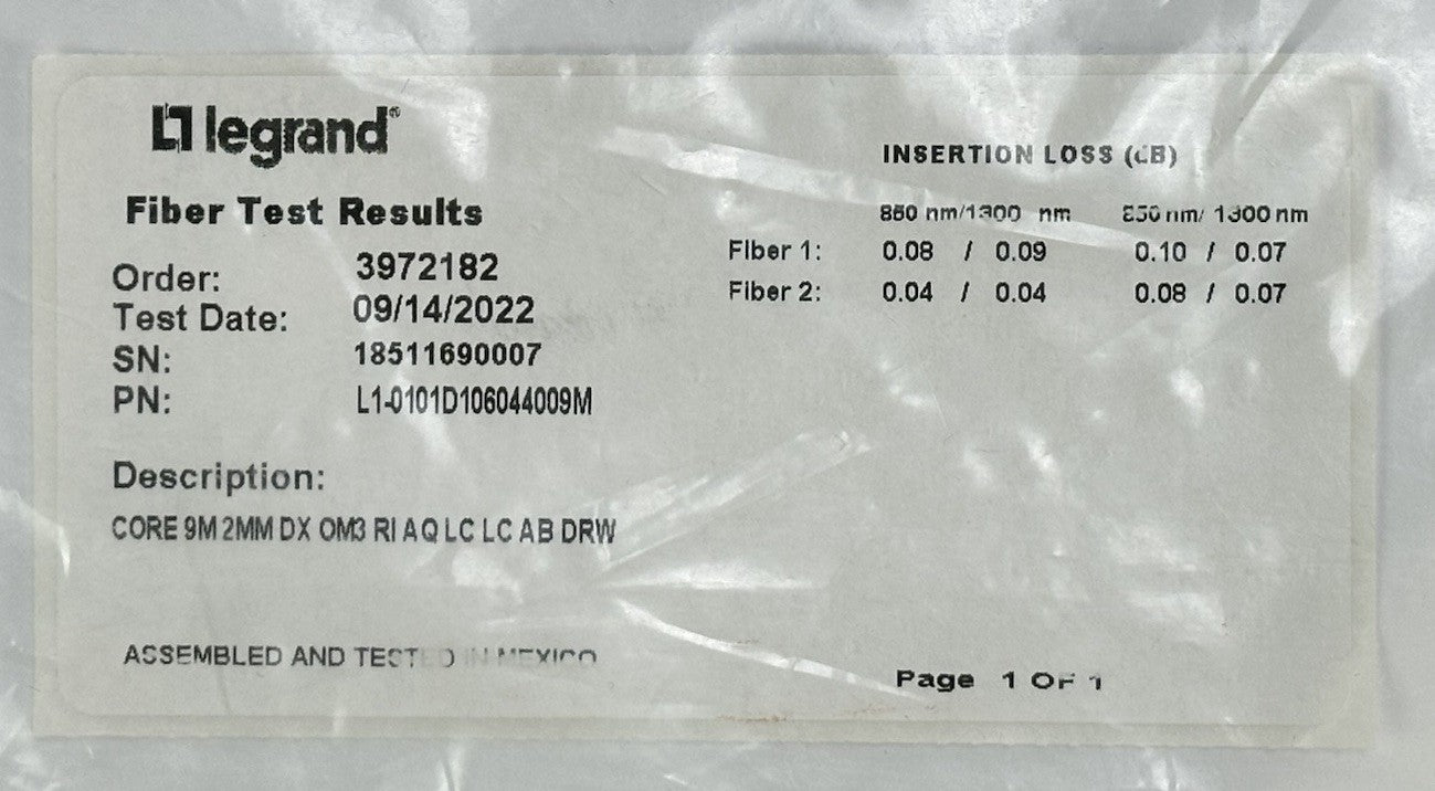 Legrand L1-0101D10604409M Core 9M 2MM OM3 Multimode LC-LC Fiber Optical Cable