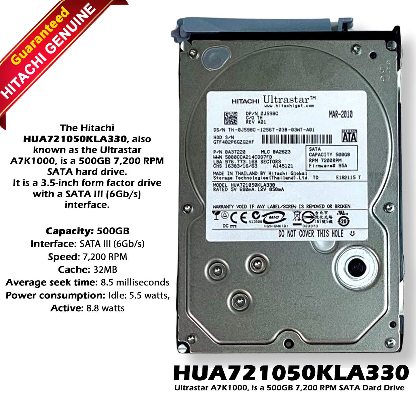 HITACHI 500GB 7200RPM SATA 3.0 Gbps 3.5 32MB Cache Ultrastar Hard Drive J598C