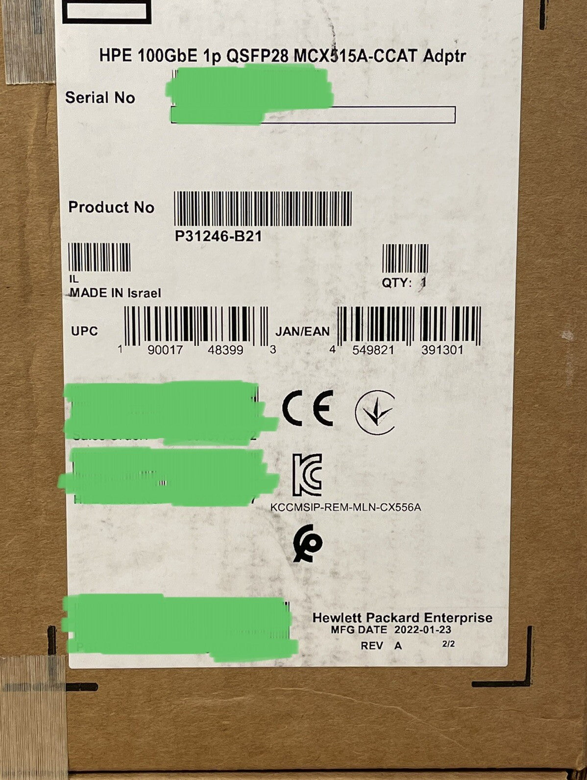 HPE Mellanox 100GbE Ethernet 1 port QSFP28 ConnectX-5 PCI-e x16 Network Adapter