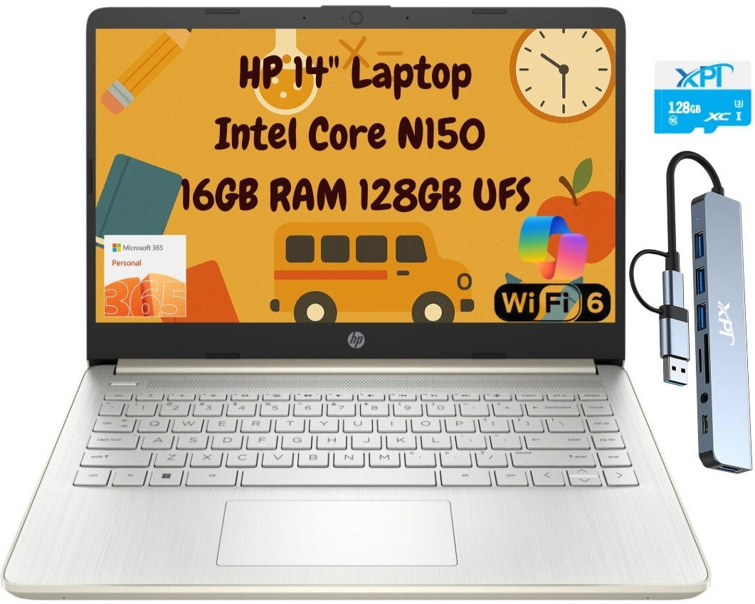HP Laptop 14" HD Intel N150 16GB 256GB Webcam Office 365 Docking + 128GB microSD