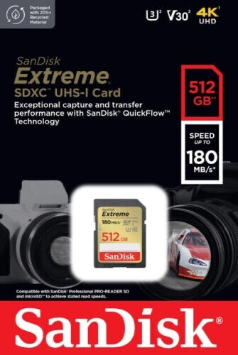 SanDisk 512GB Extreme 180MB/s Class 10 SDXC SD Card U3 Memory Card SDSDXVV-512G