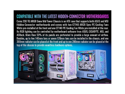 Ceres 330 TG ARGB Snow Mid Tower E-ATX Case Supports Hidden-Connector Motherboar