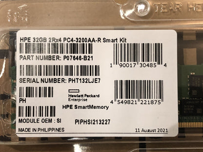 HPE 32GB 2Rx4 DDR4 PC4-3200AA-R ECC Reg Dual Rank Smart Server Memory Ram Kit (NOT FOR HOME PC)