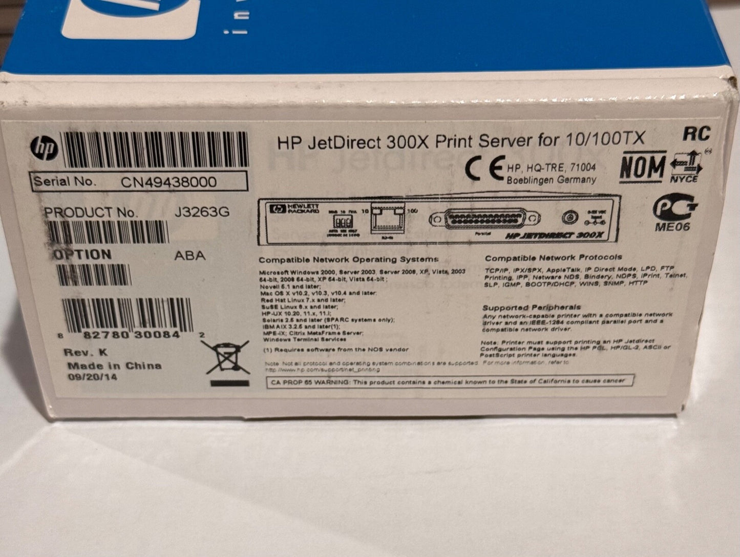New HP Jetdirect 300x External Print Server for 10/100TX J3263G