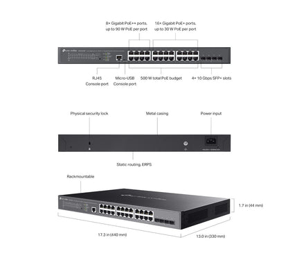 TP-Link SG3428XMPP | Omada 24-Port Gigabit PoE+ L2+ Managed Switch | 4* 10G SFP+
