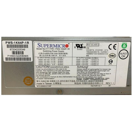 SuperMicro PWS-1K64P-1R Power Supply AC-DC 1600W at high line, 1500W at low line