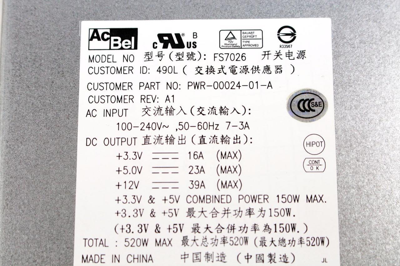 DELL PowerVault CSA Array J23 520W POWER SUPPLY ACBEL FS7026 PWR-00024-01 HW798