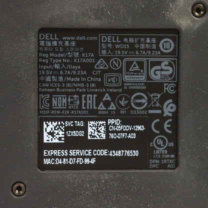 Dell WD15 K17A USB-C 4K Business Laptop Docking Station 5FDDV K17A001 - No AC