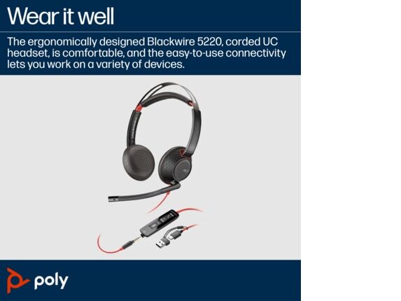 Poly Blackwire 5220 Stereo USB-C Headset +3.5mm Plug +USB-C/A Adapter