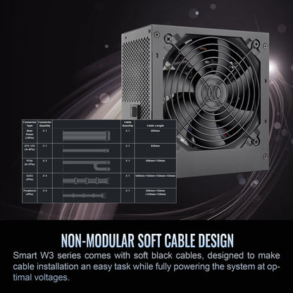Smart W3 Series 80Plus Certified 500W Power Supply; ATX v3.1 Spec; 120mm FDB Fan