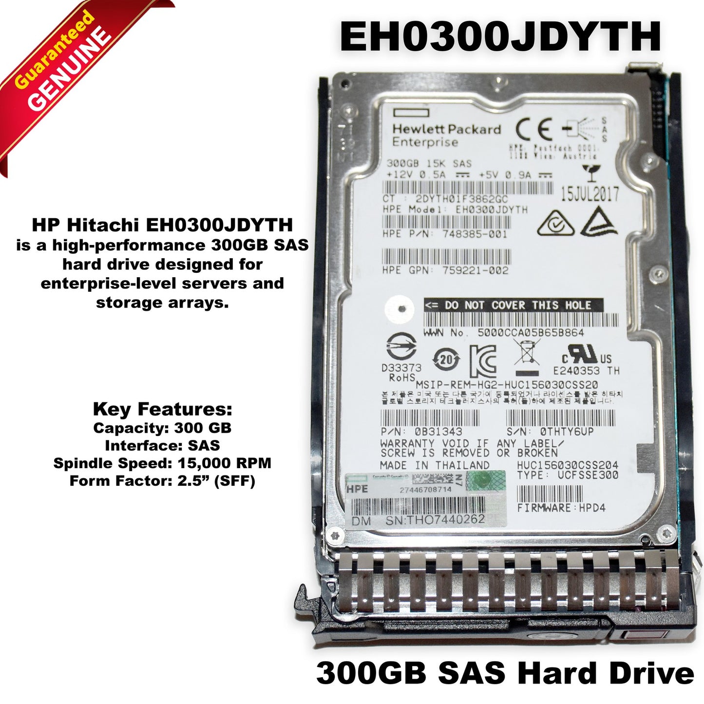 HP ProLiant G8 G9 EH0300JDYTH 300GB SAS 12Gb/s 15K 2.5" HDD with Tray 748385-001 (NOT FOR HOME PC)