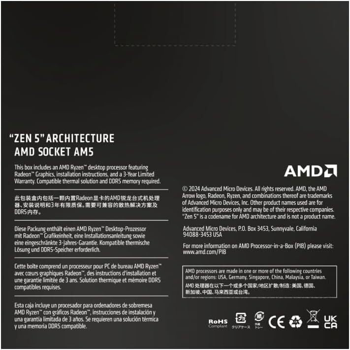 AMD Ryzen 5 9600X Processor (Zen 5) 6-Core 3.9GHz AM5 65W CPU 100-100001405WOF