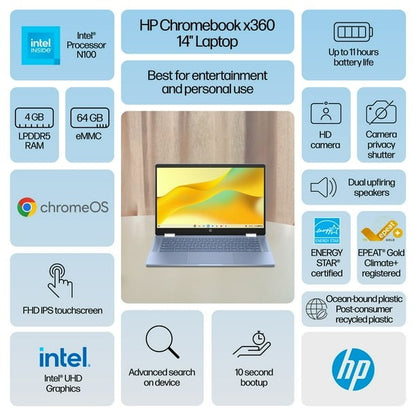 New HP Chromebook 14" 2-in-1 FHD Touch Core N100 4GB 64GB eMMC Webcam Chrome OS