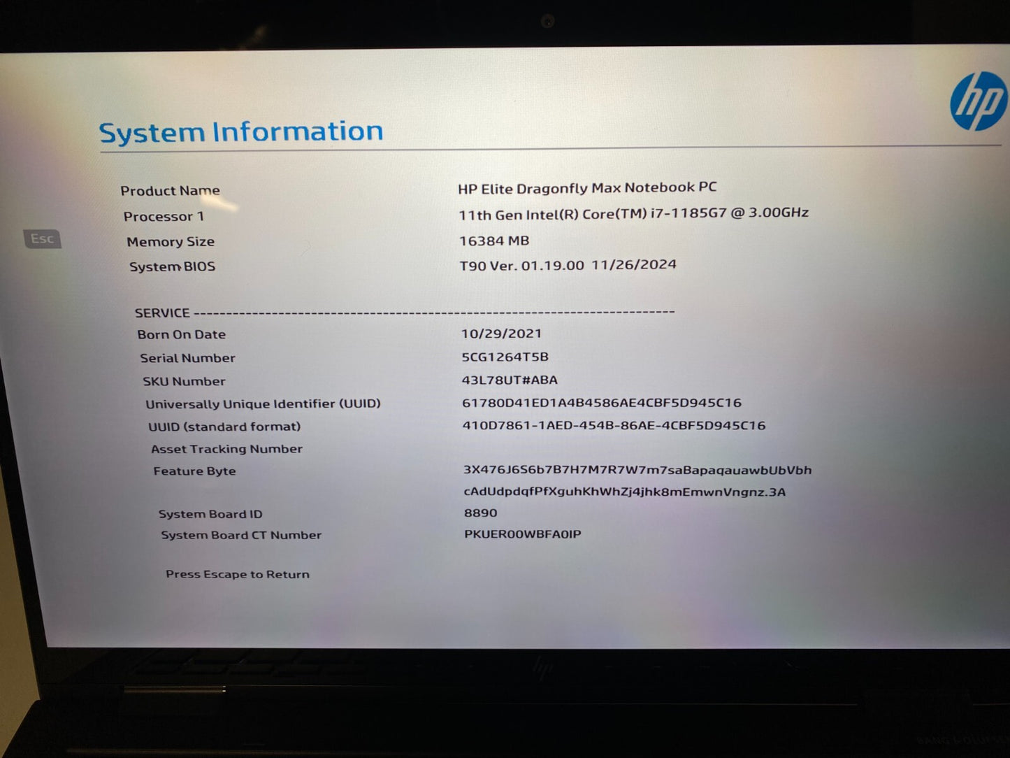 Hp Elite Dragonfly Max i7-1185G7 3.00GHz TOUCH 512GB SSD 16GB W11P-43L78UT#ABA