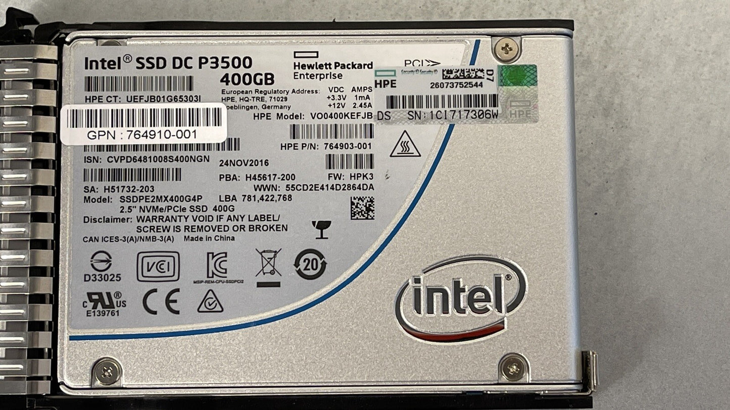 HPE Intel DC P3500 400GB 2.5 SFF PCI-e NVMe x4 U.2 RI Solid State Drive SSD SCN