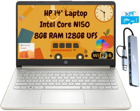 HP Laptop 14" HD Intel N150 8GB 256GB Webcam Office 365 Docking + 128GB microSD