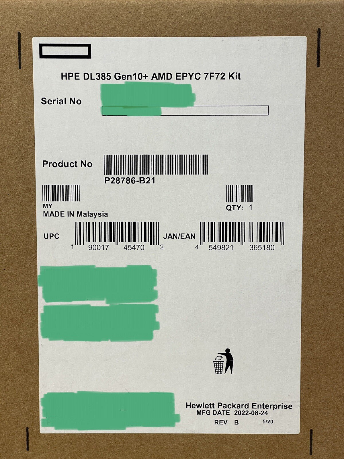 HPE DL385 Gen10/Plus/V2 CPU Kit AMD EPYC 7F72 24 Core 3.2GHz w/Heatsink+2x Fans