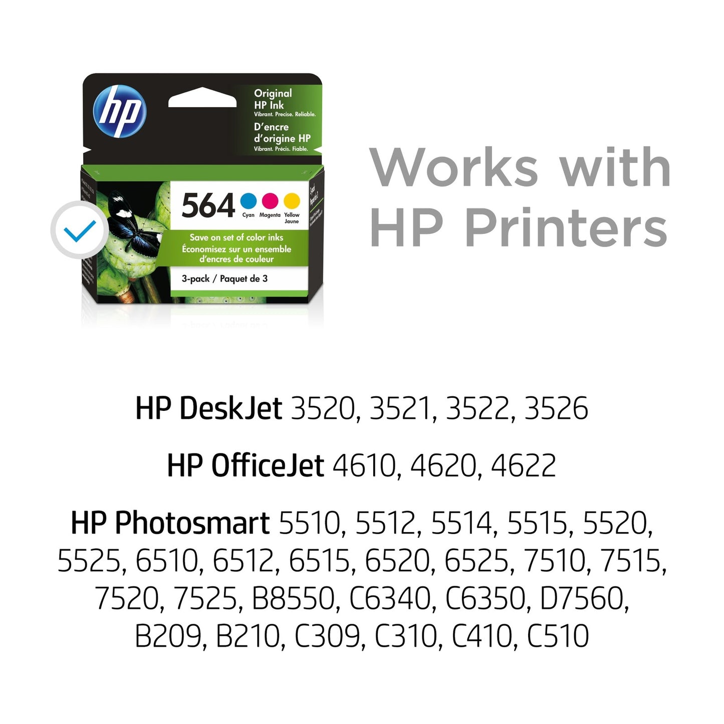 HP 564 3-pack Cyan/Magenta/Yellow Original Ink Cartridges, Per cartridge: ~300