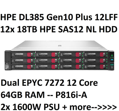 HPE DL385 Gen10 Plus 216TB HDD 2x AMD EPYC 7272 64GB 2x 1600W 10GbE 25GE P816i-a