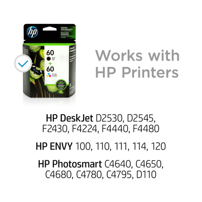 HP 60 2-pack Black/Tri-color Original Ink Cartridges, ~200 pages, N9H63FN#140
