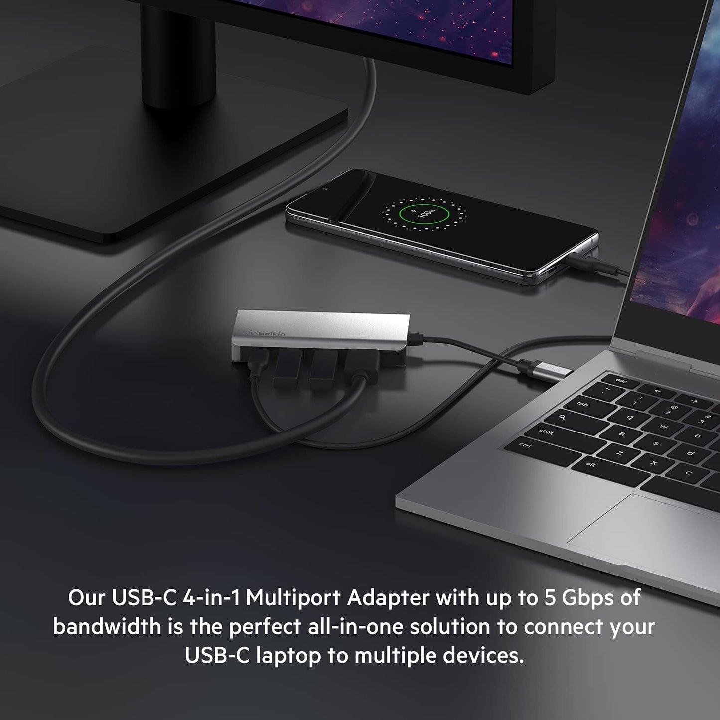 Belkin USB C Hub, 4-in-1 Multi-Port Laptop Dock with 4K HDMI, USB C Docking Stat