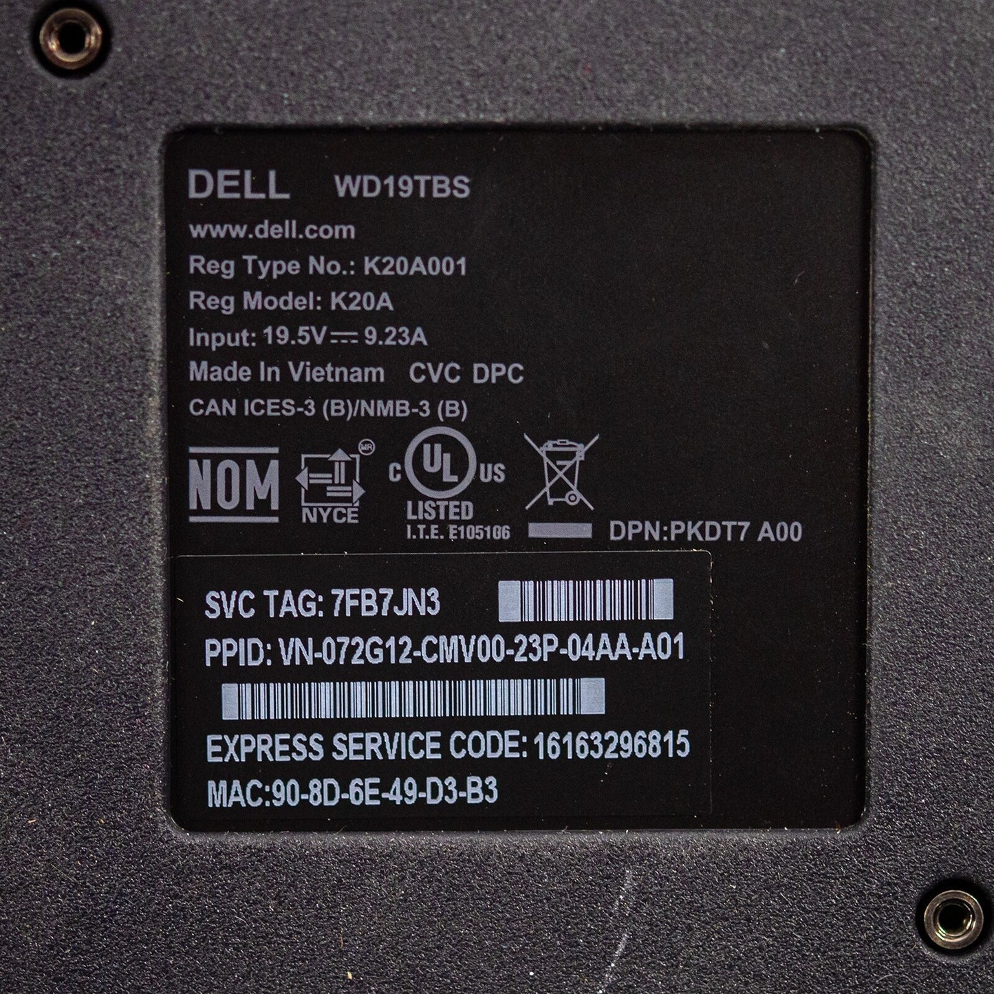 Dell WD19TBS / K20A Thunderbolt 3 USB-C Docking Station PKDT7 K20A001 w/ 180w AC