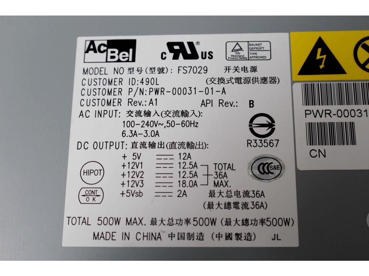 New Dell AcBel FS7029 500Watt Server Power Supply PWR-00032-01-A EX151 F050F
