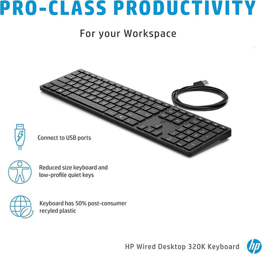 Lot x 10 HP Smart 320K Slim Wired Keyboard 108 Keys QWERTY Black L96909-001
