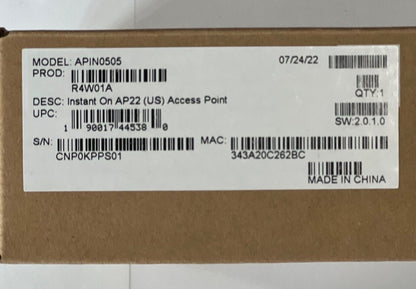 NEW!!! ARUBA INSTANT ON AP22 R4W01A Wi-Fi 6 WIRELESS ACCESS POINT MODEL:APIN0505
