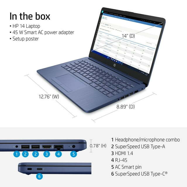 New HP Stream Laptop 14" HD Celeron N4120 4GB 64GB eMMC Webcam Office 365 Blue