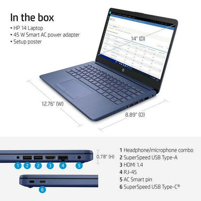 New HP Stream Laptop 14" HD Celeron N4120 4GB 64GB eMMC Webcam Office 365 Blue