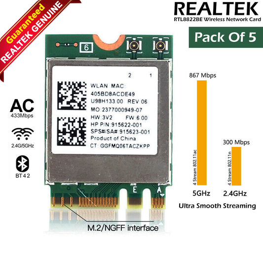 Lot X 5 Realtek RTL8822BE U98H133 Dual Band Wireless Card 915622-001 915623-001